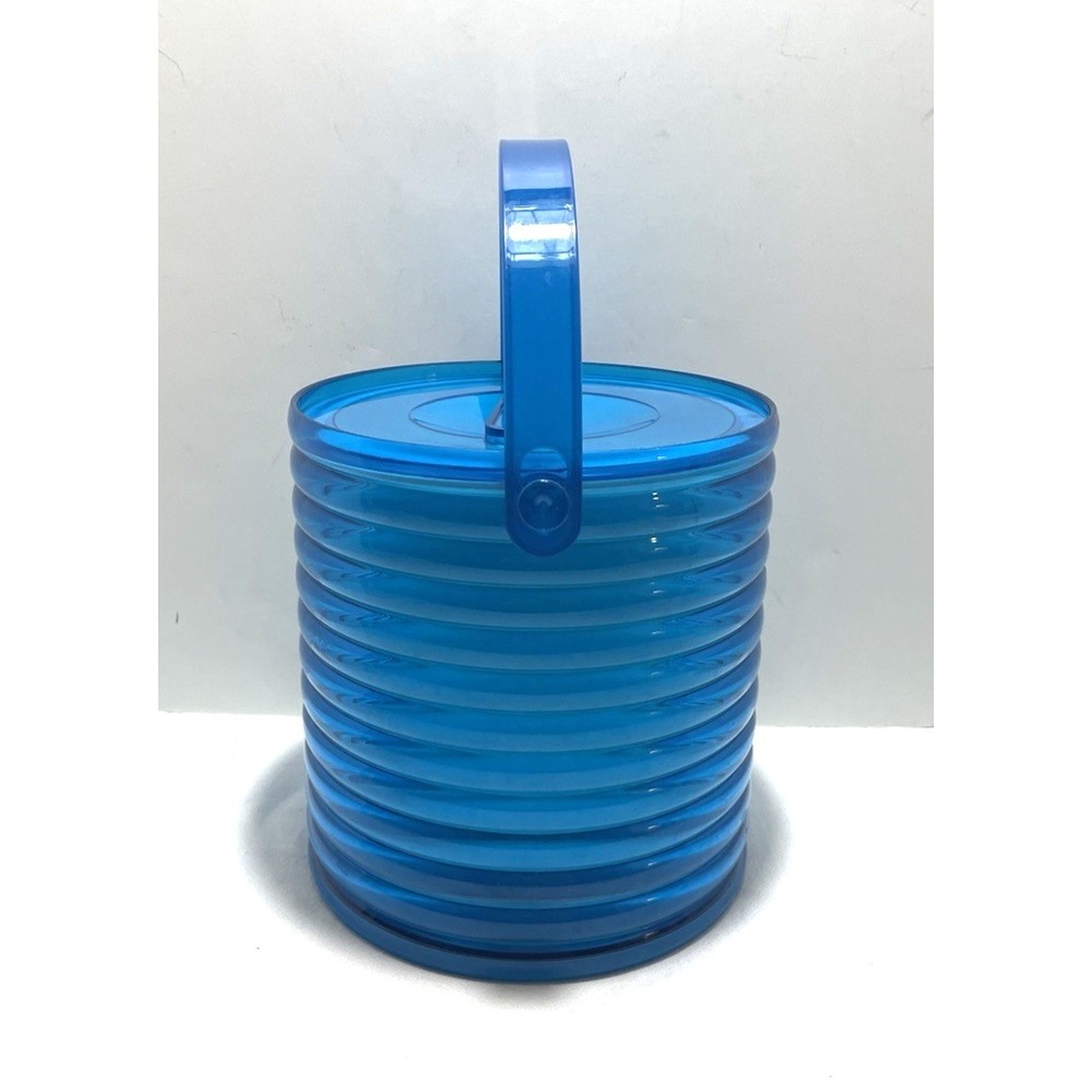 Vintage Sally Designs Blue Ribbed Lucite Ice Bucket w/ Lid Liner - Picture 2 of 9